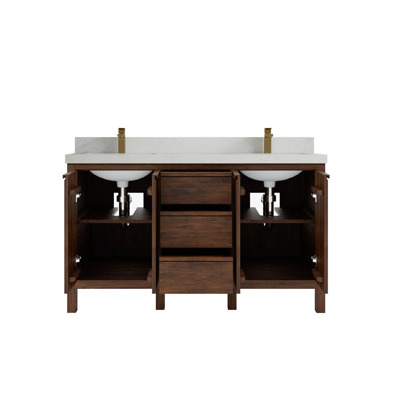 Ensemble de meuble-lavabo double 60 po Teak, Quartz de Carrare
