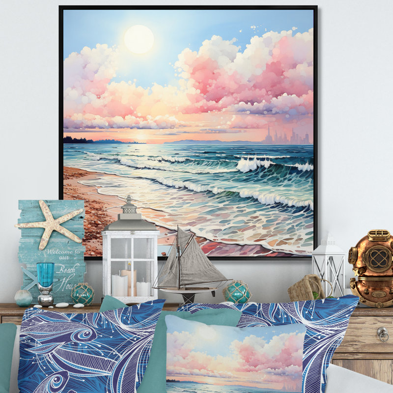 Brise de plage rose - décor d'art mural sable de plage, H 30 po x l 30 po x P 1 po, Cadre flottant noir