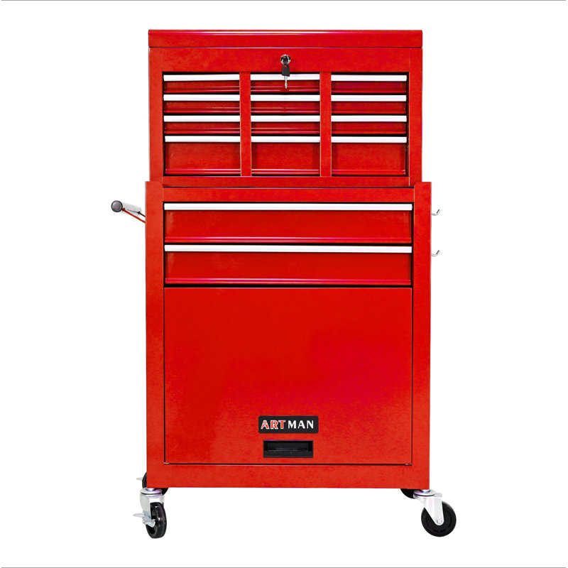 Coffre à outils roulant à grande capacité avec roulettes et tiroirs, armoire de rangement pour outils à 8 tiroirs, Rouge