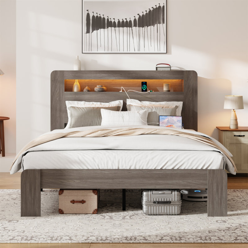 Bed Frame, Wood Platform Bed Frame With Storage LED Light Headboard And 2 USB , Noise Free,No Box Spring Needed And Easy Assembly Tool,Large Under Bed Storage