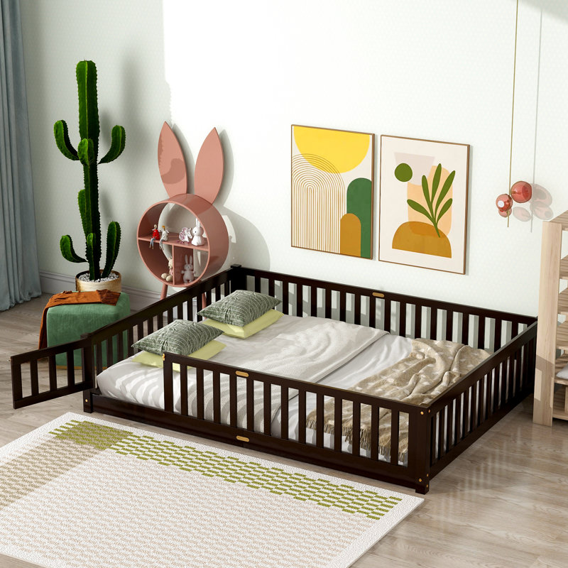 Floor Platform Bed With Fence Guardrails And Door, Full, Espresso