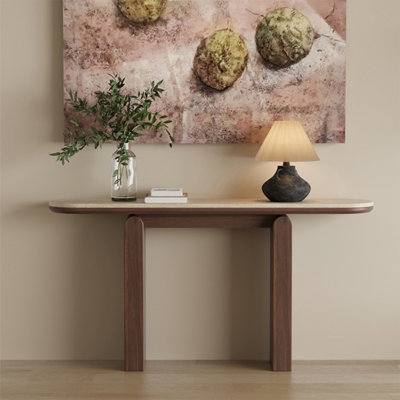 White Stone with Solid wood Oval Console Table