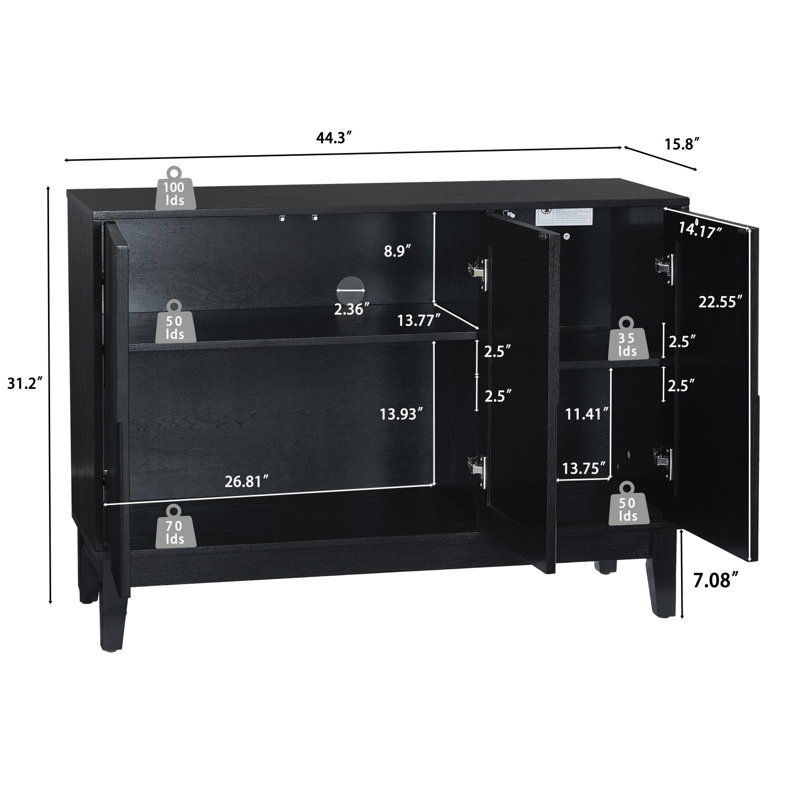 Buffet 44,3 po Mid-Century avec rangement, 3 portes avec tablettes réglables, Noir