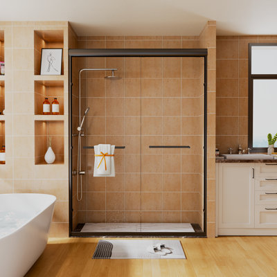 50" - 54" W x 76" H Double Sliding Shower Door  with 1/4" (6mm) Clear Tempered Glass with Nano-Coarind & Explosion-Proof Film,4-inch Adjustable-Width and Silent Casters，Matte Black