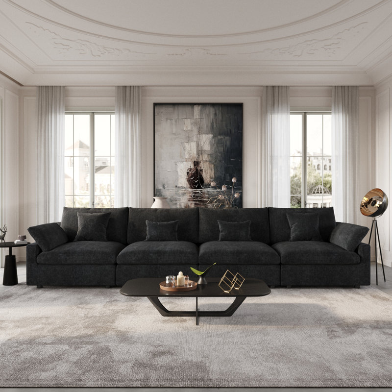Kyna Upholstered 4-Piece Linen Slipcovered Sofa, Black