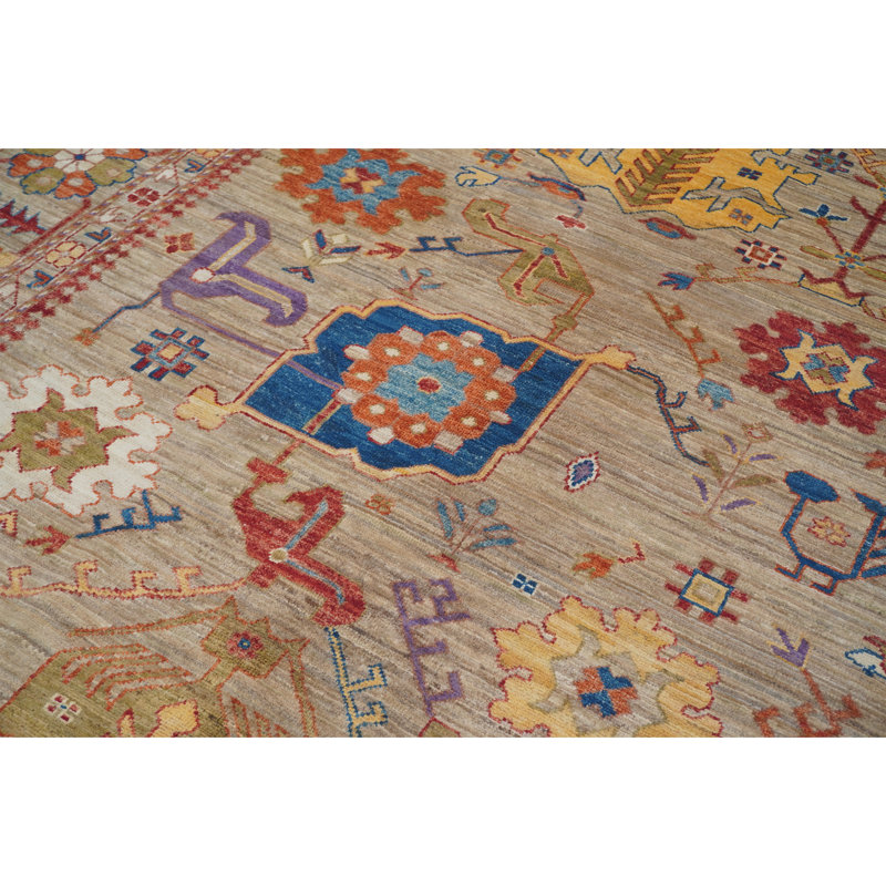 Tapis unique de couleur chameau / rouge / bleu 8 pi 11 po x 11 pi 9 po