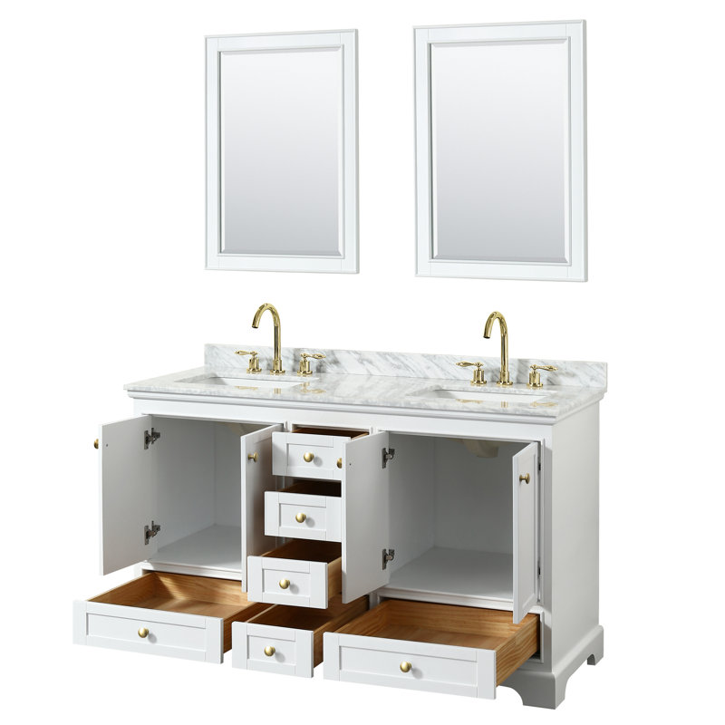 Deborah 60'' Double Bathroom Vanity with Marble Top, White, Brushed Gold
