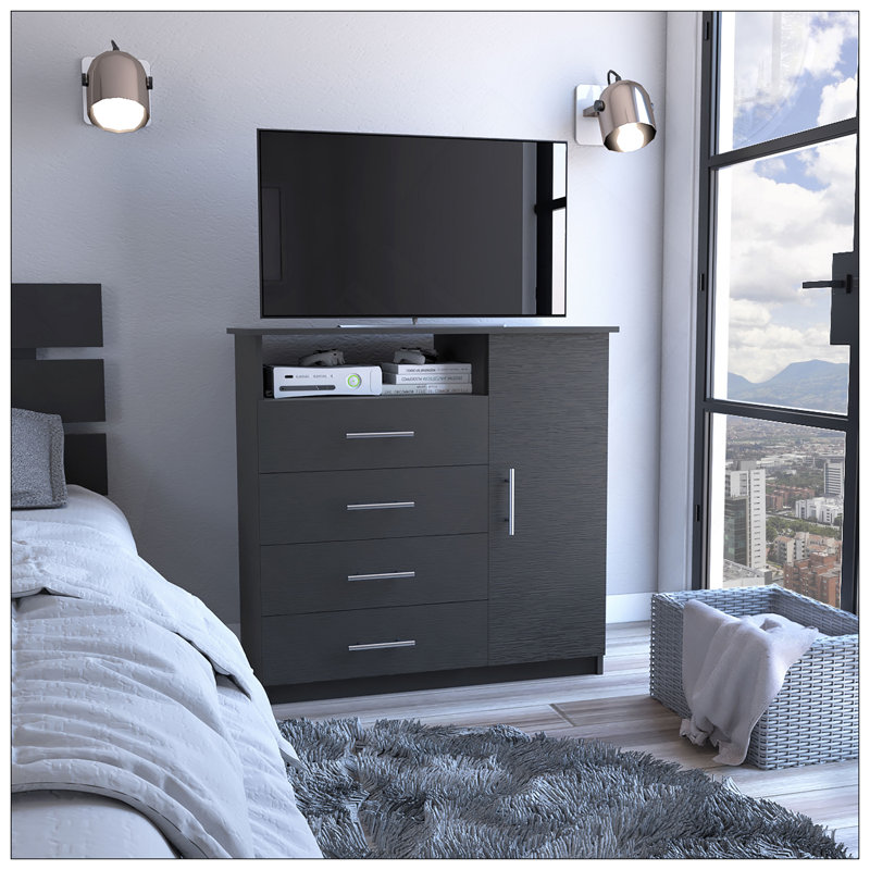 Commode 4 tiroirs, armoire à une porte, tablette ouverte, plateau supérieur - noir, Noir