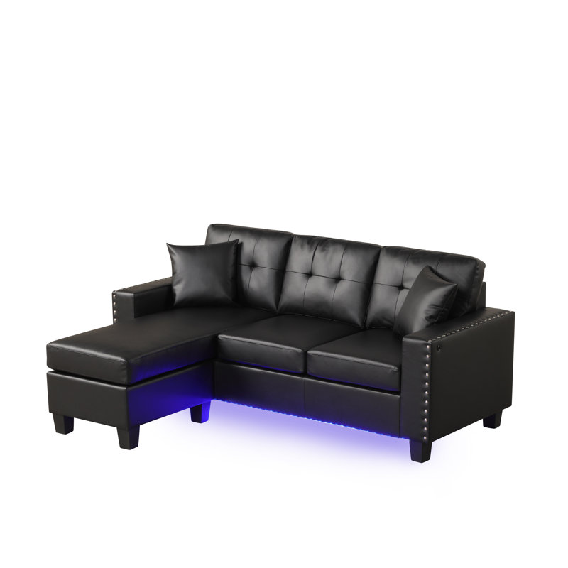 Sorenza 74"W PVC Reversible Sectional Sofa Chaise With LED Light, USB Port, Nailhead Trim, Throw Pillows, Tufted Cushion