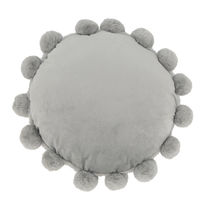 Gray Faux Fur Round Pom Pom Throw Pillow
