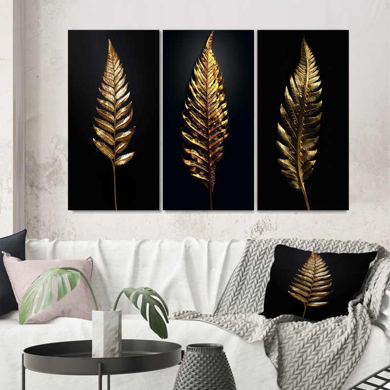 «Golden Fern Leaf On Black V», 3 pièces sur toile, Toile tendue, H 28 po x l 36 po