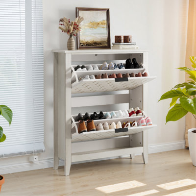 Armoire à chaussures autoportante 31,5 pouces de style rétro Mid-Century de 31,5 pouces, deux tiroirs rabattables avec cloison réglable, convenant au couloir, basculant blanc de construction et spacieux