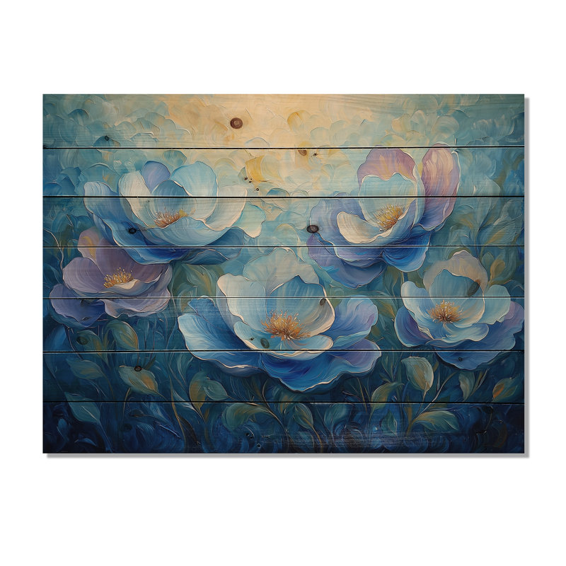 Pétales de pivoines bleues en harmonie III - décoration murale en bois de pivoines - sur bois de pin naturel