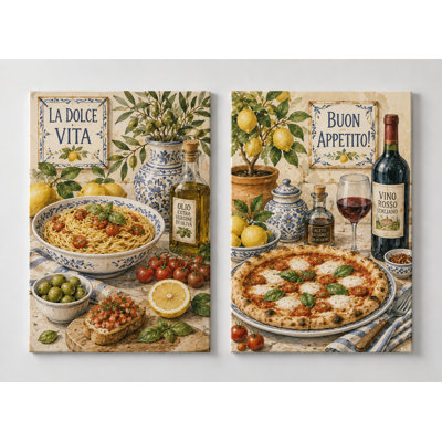 Très grand ensemble de 2 impressions de cuisine italienne sur toile, cuisine méditerranéenne avec pâtes pizza, vin de citron pour salle à manger, impression sur toile 24 x 36 pouces - prête à être accrochée