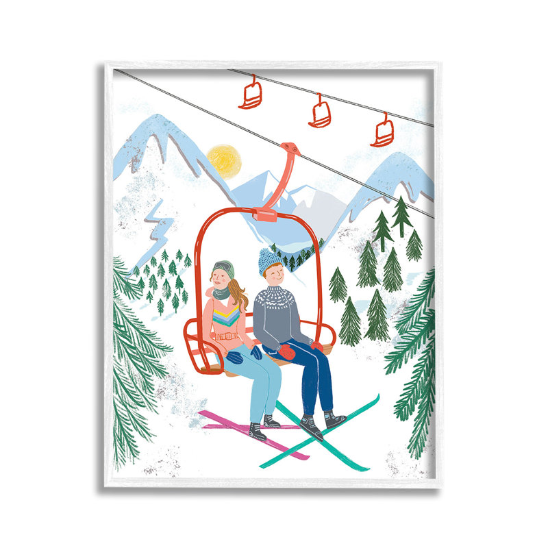 «Winter Ski Lift Friends Single Photo Frame» par Jo Reid sur toile, Giclée encadrée blanc bord de mer, H 14 po x l 11 po