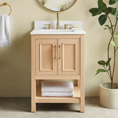 Meuble-lavabo de salle de bain avec plateau en marbre d'ingénierie, armoire de rangement à 2 portes, conception de robinet à 3 trous, style Shaker classique, assemblage facile (24 po / 30 po)