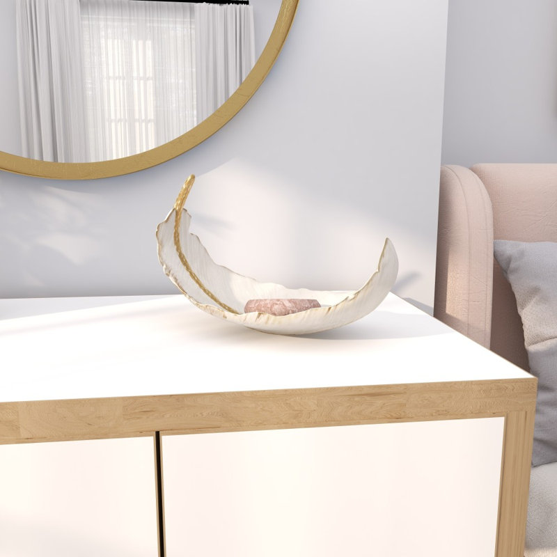 Bol décoratif en polystone courbé, Blanc / Doré