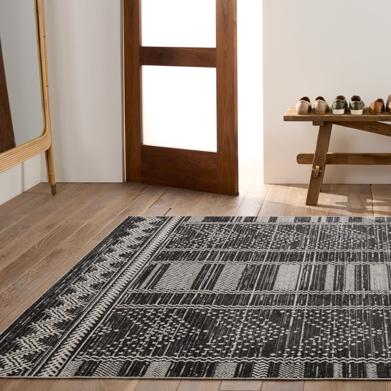 Phoebe Machine Washable Kimmons Chevron Area Rug in Black/Light Gray, Rectangle 5'3" x 8'