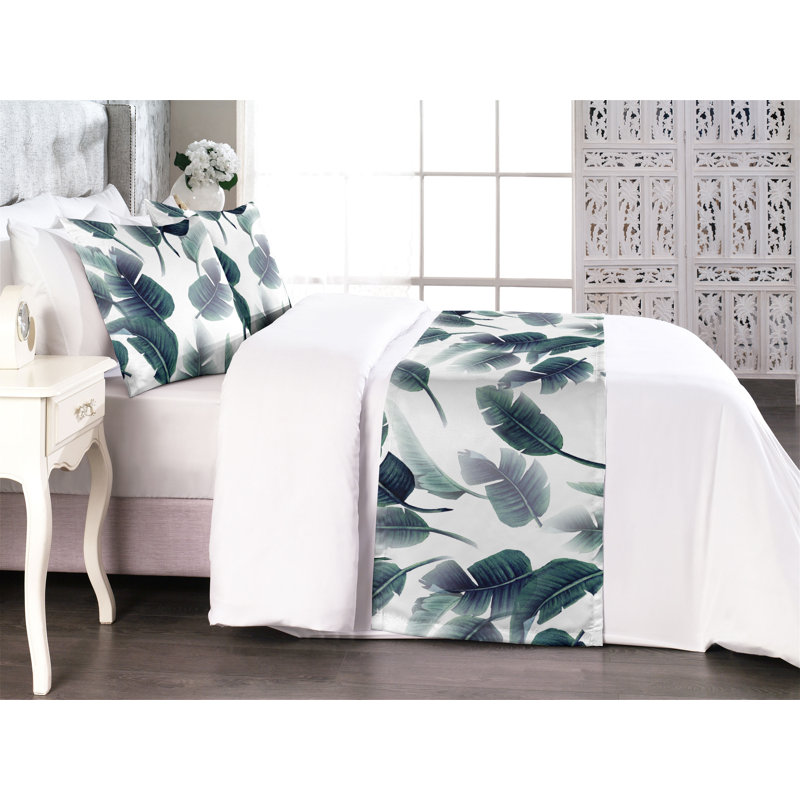 Ensemble de chemin de lit Ambesonne Leafy Design Boho Tropical Leaves sarcelle foncé ivoire, Très grand lit