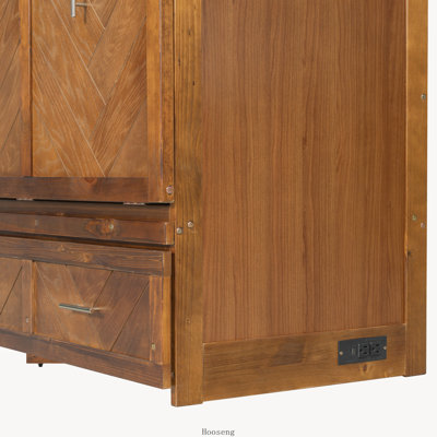 Lit escamotable Queen Size en pin avec station de chargement USB et panneau décoratif géométrique, noyer