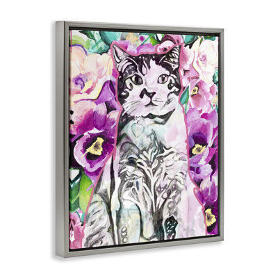 Art mural sur toile flottant noir "Kitty Parmi les Fleurs" par Chelsea Goodrich