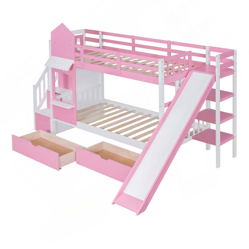 Lit superposé de style château avec 2 tiroirs, 3 tablettes et glissade, Twin, Pink