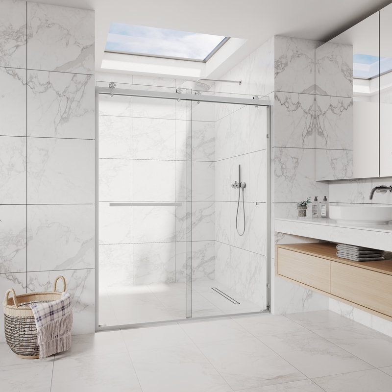 CS 50- 54W x 76"H Double Sliding Semi-Frameless Glass Shower Door with 5/16" (8mm) Clear Tempered Glassr, Stainless Steel Hardware, Perfect Adjustment Uneven Walls