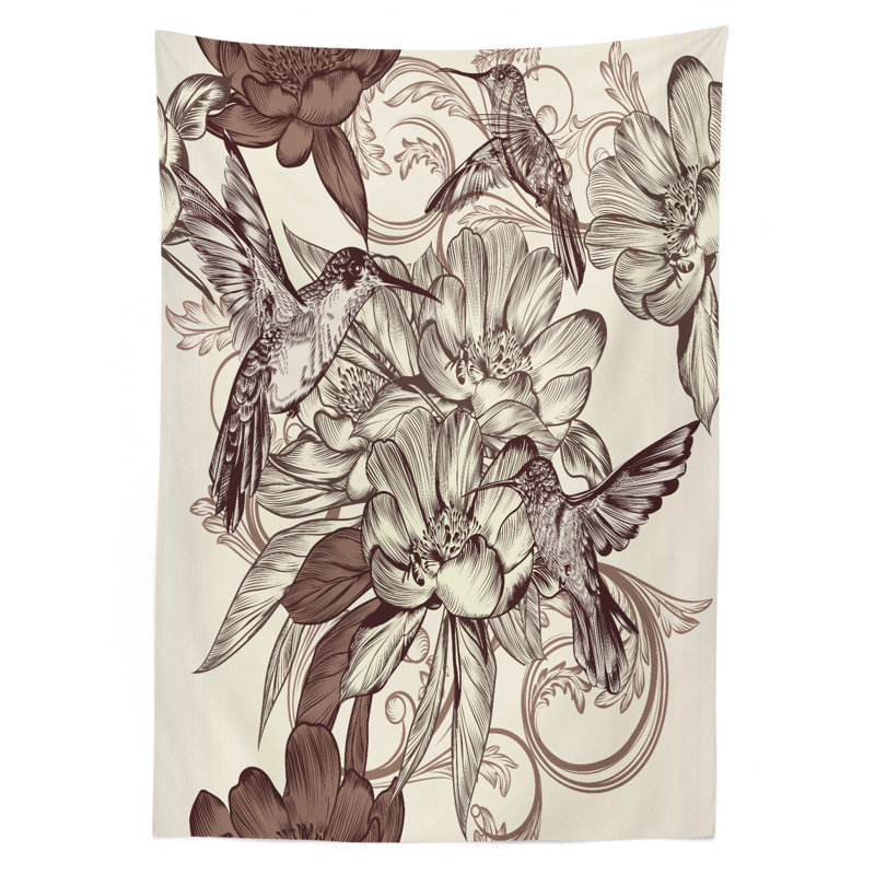Ambesonne Hummingbirds Tablecloth, Pattern With Birds And Flowers Classic Style Ornamental Design Floral Print, Rectangular Table Cover For Dining Room Kitchen Decor, 52" X 70", Ivory Brown