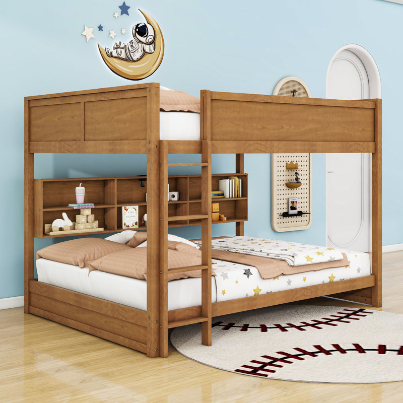 Queen Over Queen Bunk Bed With Built-In Storage Shelves And Charging Station,Ladder