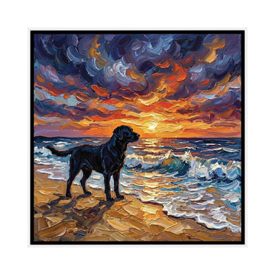 «Beach Night - Black Labrador», reproduction d'art sur toile encadrée