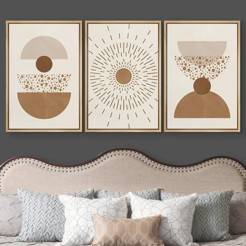 Linear Geometry " Boho Mid-Century Geometric Palm Leaf Desert Abstract Illustrations Modern Art Landscape Colourful " 3 - Pieces