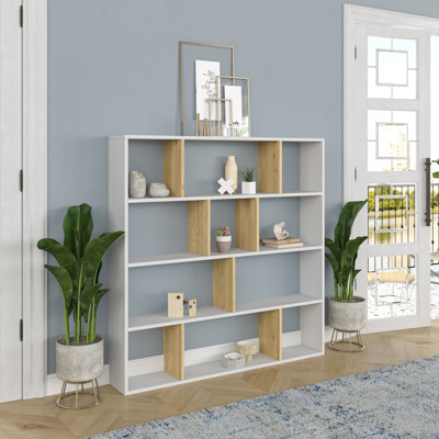 Modern White w/ Oak Bookshelf, 57.1 x 9.8 x 57.1 inches | 100% Melamine Coated Particle Board, Thickness: 0.7 inches | Numerous Shelves, Wall-Mountable Design | Stylish Scandinavian Furniture for Home w/ Office