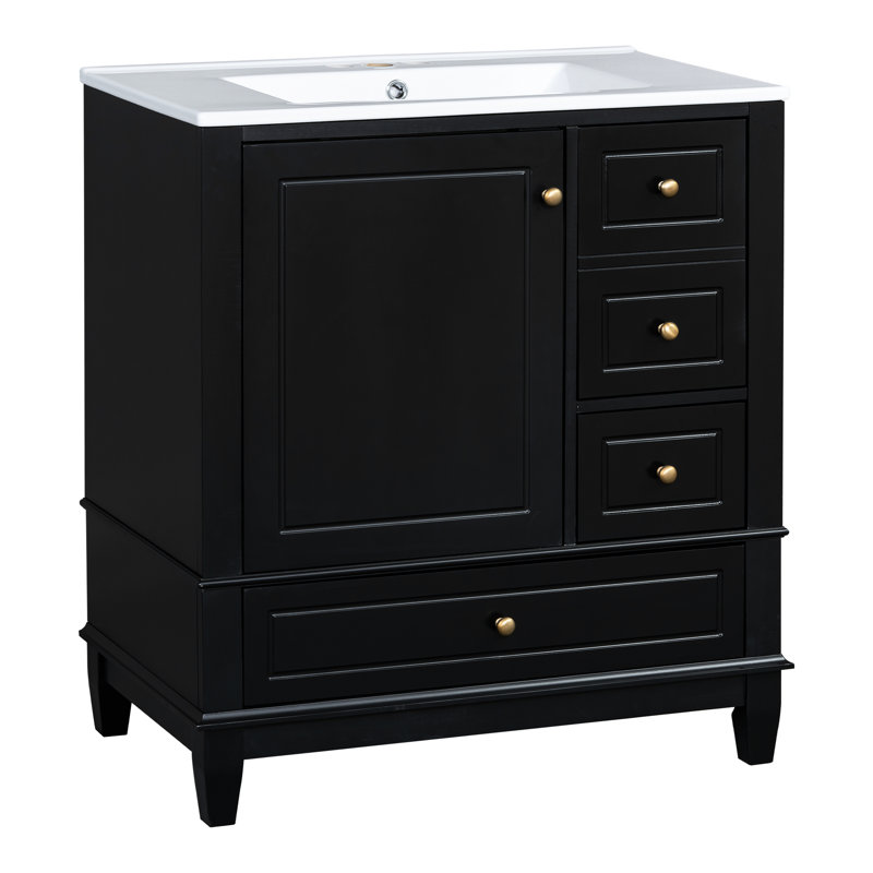 Lavabo pour salle de bain 30 po, noir, céramique lisse, porte, une porte avec tablette et 3 tiroirs noirs, construction, fermeture en douceur trois inclus