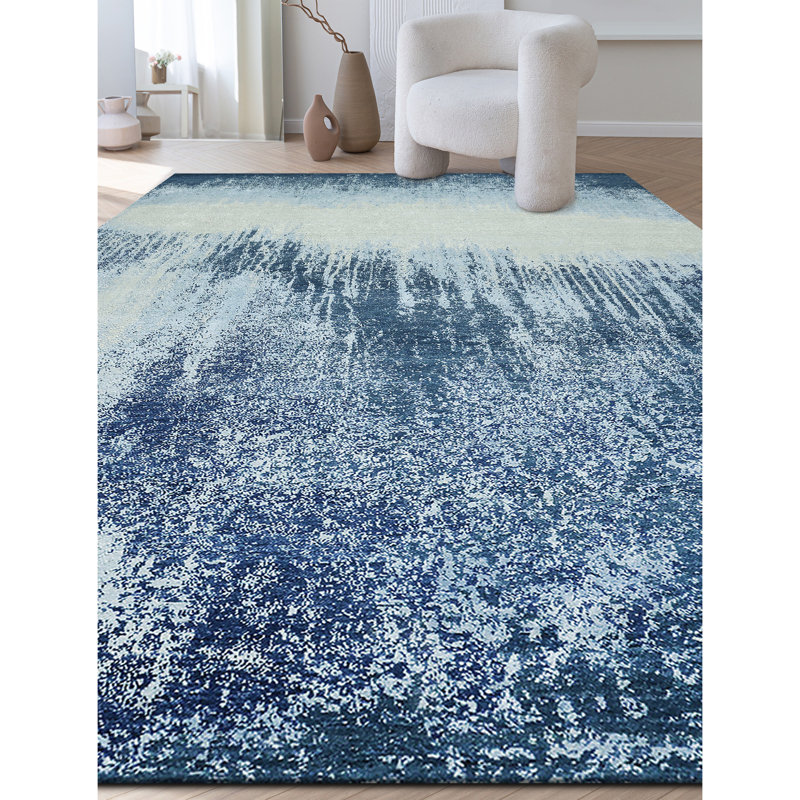 Tapis bleu et multicolore de haute qualité noué à la main, Rectangle 8 pi x 10 pi