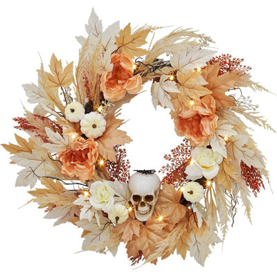 22 Inch Halloween Wreath For Front Door, Halloween Skull Wreath With Lights White Pumpkins Roses