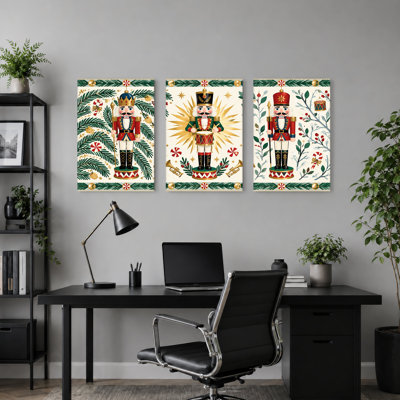 " Nutcracker Soldiers With Gold Sunburst Christmas " 3 Piece Art