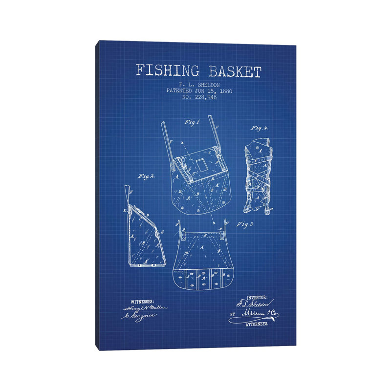 F.L. Sheldon Fishing Basket Patent Sketch (Blue Grid) by Aged Pixel - Wrapped Canvas Gallery-Wrapped Canvas Giclée