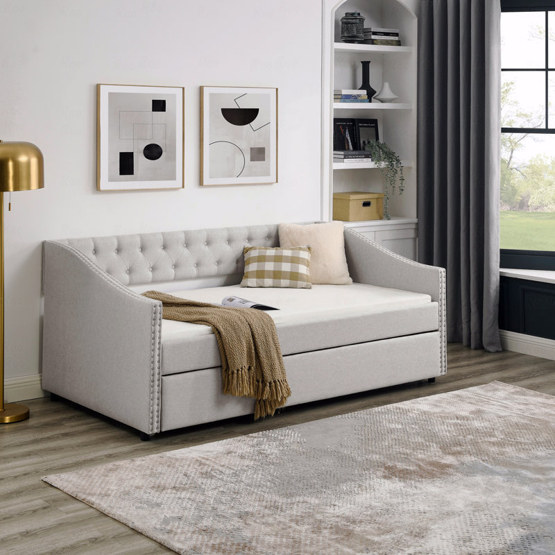 Upholstered Daybed, Twin Size Daybed With Twin Size Trundle Tufted Sofa Bed, With Button On Back And Copper Nail On Waved Shape Arms