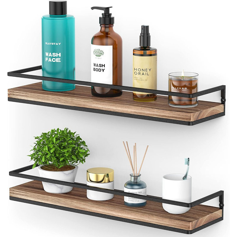 Rustic Wood Floating Wall Shelves Set Of 2, Torched Finish