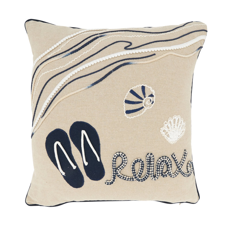 Beige Cotton Beachscape Design Throw Pillow Cover, 18x18