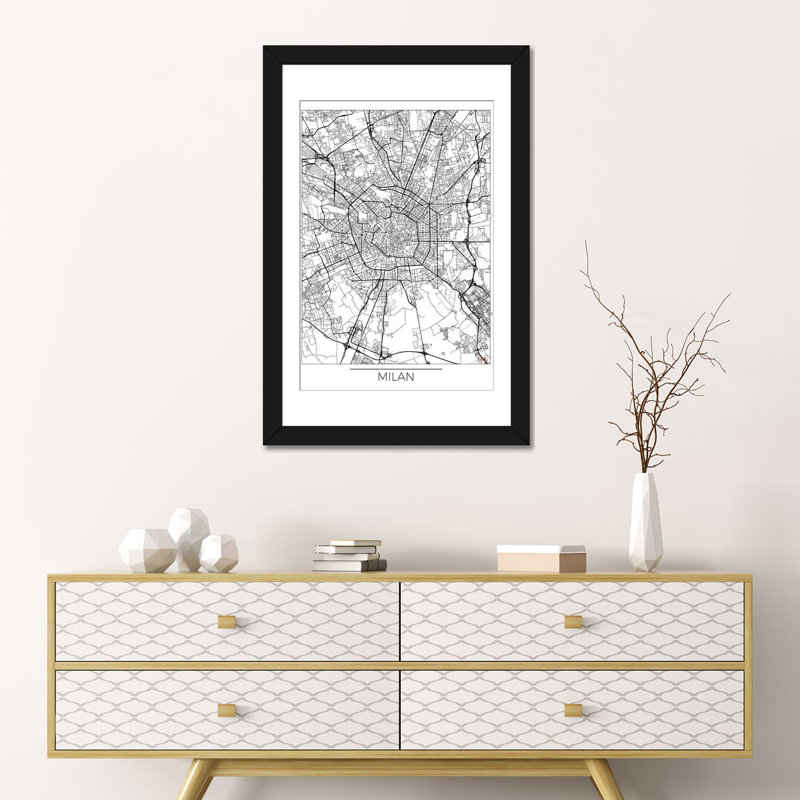 « milan minimal urban blueprint map », impression sur toile, H 24 po x l 16 po x P 1 po, Papier avec cadre noir, Blanc