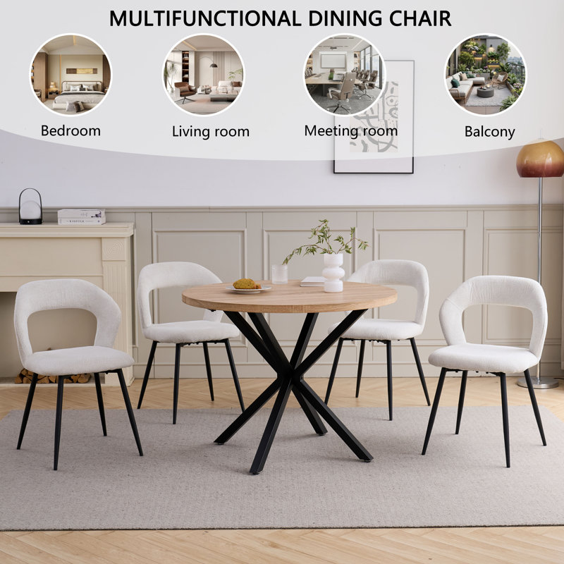 49cm H Linen Fabric Dining Chair, Open Cutout Backrest Upholstered Chair with Black Metal Leg, Beige, Beige