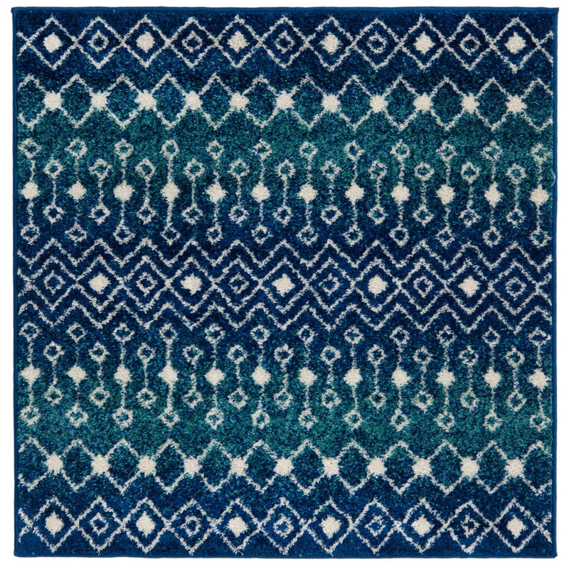 Tapis bleu / ivoire en polypropylène tissé à la machine Briehn, Carré 4 pi