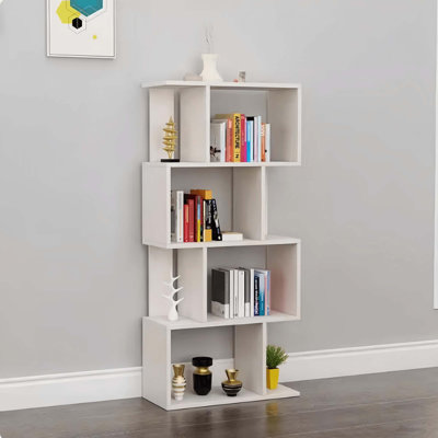 DFW Geometric Storage shelf/Bookshelf, S Shaped Bookcase, Freestanding Room Divider, Industrial Home Office Decor Wood Open Storage Display Shelf for Living Room (1)