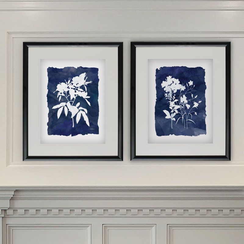 Indigo Botanical - ensemble de 2 cadres photo sur papier, Cadre noir, H 20 po x l 32 po