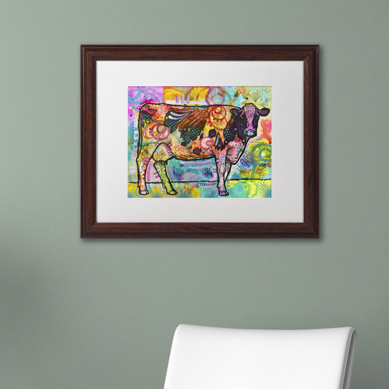 " Cow " by Dean Russo, 11" H x 14" W x 0.5" D, Brown Framed, White