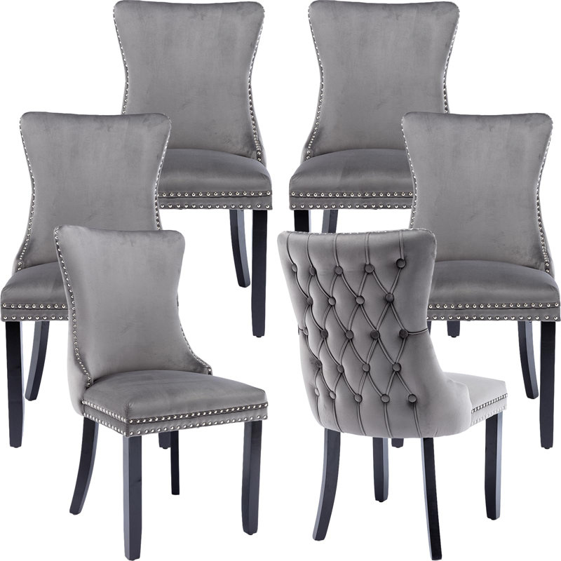  Demarco Luxury Velvet Upholstered Kitchen Dining Chairs, Beige, Oak Wood, 6