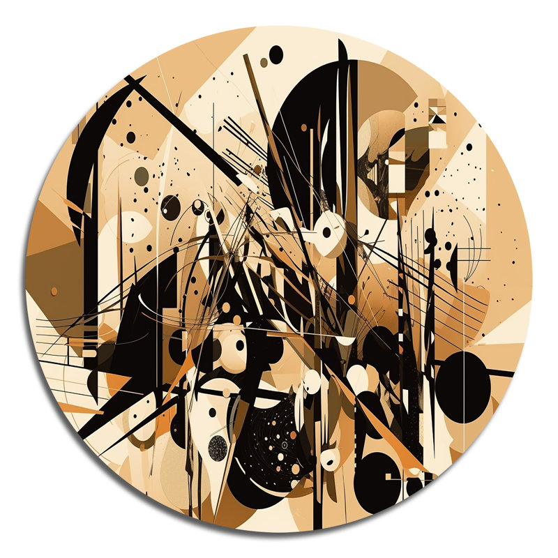 «Black and Beige Wild Shapes», art mural rond géométrique abstrait sur métal, H 23 po x l 23 po x P 1 po