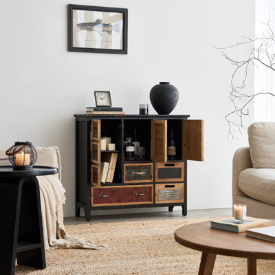 Armoire de rangement rétro avec tiroirs multicolores, 35 po x 33 po, conception en filet métallique, sapin vieilli