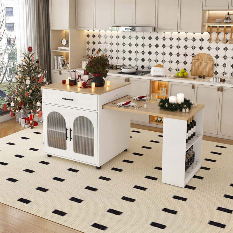 Îlot de cuisine avec table de salle à manger extensible - Comptoir en bois massif 80 po, prise de courant, chariot de rangement avec armoire et tiroirs